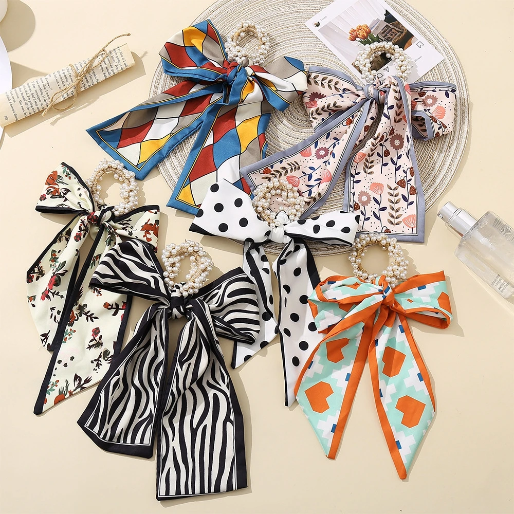 

Fashion Pastoral Style Romantic Silk Scarf Ribbon Pearl Headband Bow Knot Rubber Band Ladies Hair Rope Accessories Women
