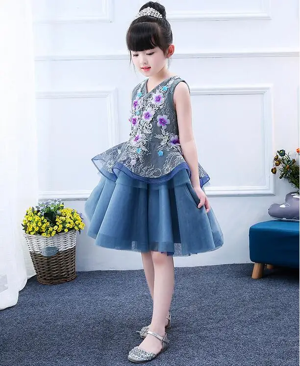 Горячая 3D вечерние платья в виде цветка для девочек 2 Слои цветочной аппликацией