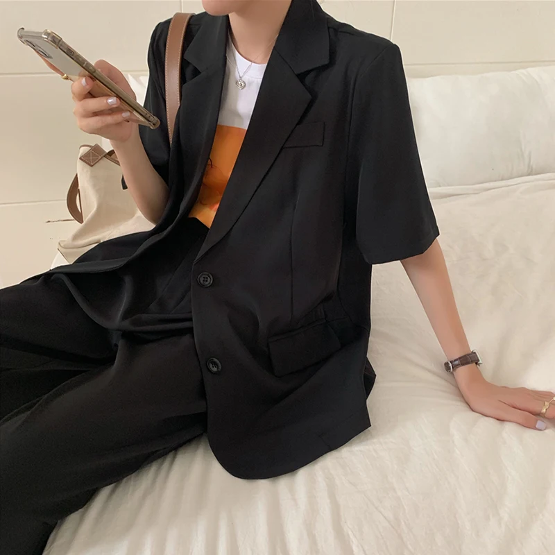 Women Two Piece Sets Loose Thin Lapel Two Button Suit Jacket and Draped High Waist Mopping Trousers Wide Leg Korean Chic Retro