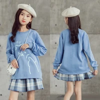 childrens clothing korean long sleeve cute pullover top pleated plaid skirt set teenage girls clothing 10 12 14 years outfits