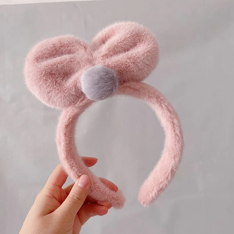 

Make Up Cute Pink Bow Women Girl Fur Hair Hoop Winter Colorful Hair Band Tie Knot Banquet Solid Color Hair Headband Accessories
