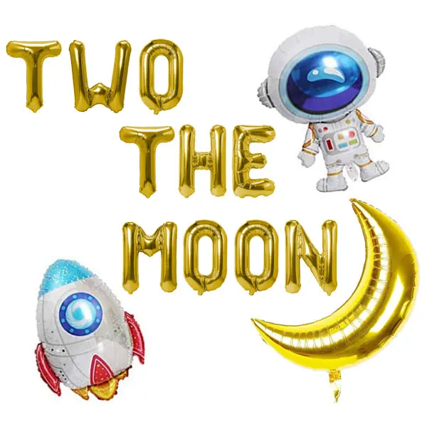 Globos de aluminio de dos lunas, letras plateadas de 16 pulgadas, tema OVNI de Robot de hombre y Luna grande para fiesta de cumplea&ntilde;os de 2 a&ntilde;os-3