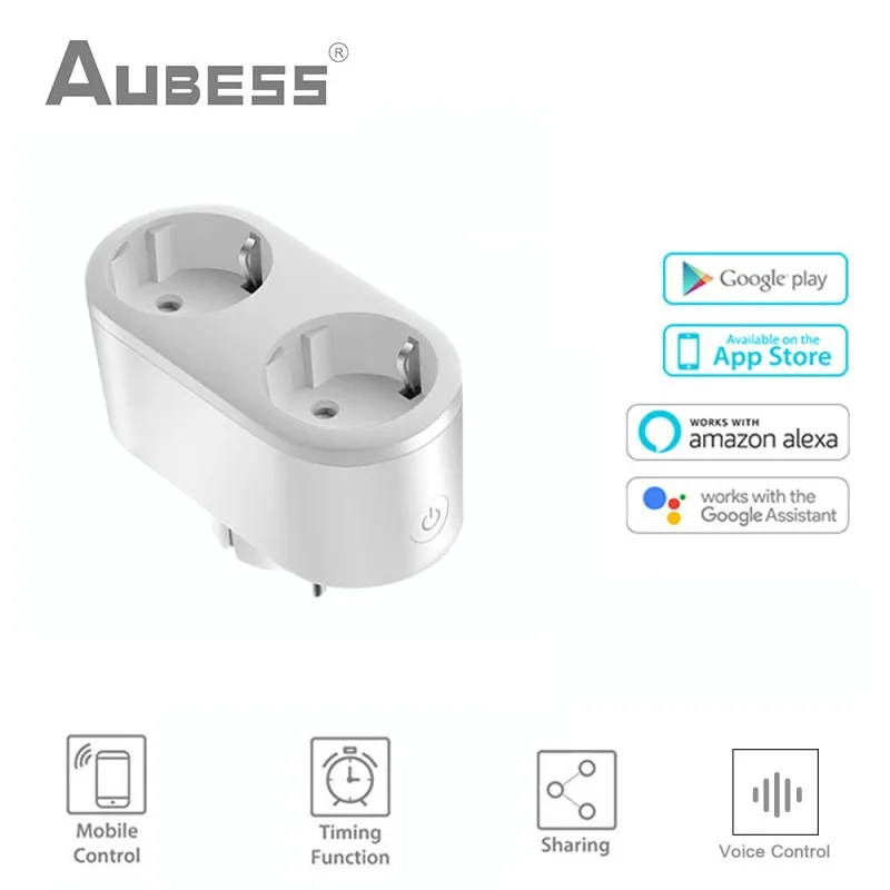 

Aubess WiFi Smart Plug Outlet 2 in 1 Tuya Remote Control Home Appliances Works with Alexa Google Home No Hub Required