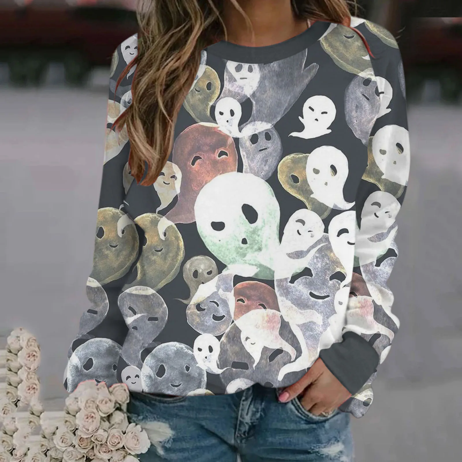 

Soul Print Halloween Women's T-shirt Long-sleeved Western Style Casual Ladies Blouse Pullover Bottoming Vintage Ladies Clothing