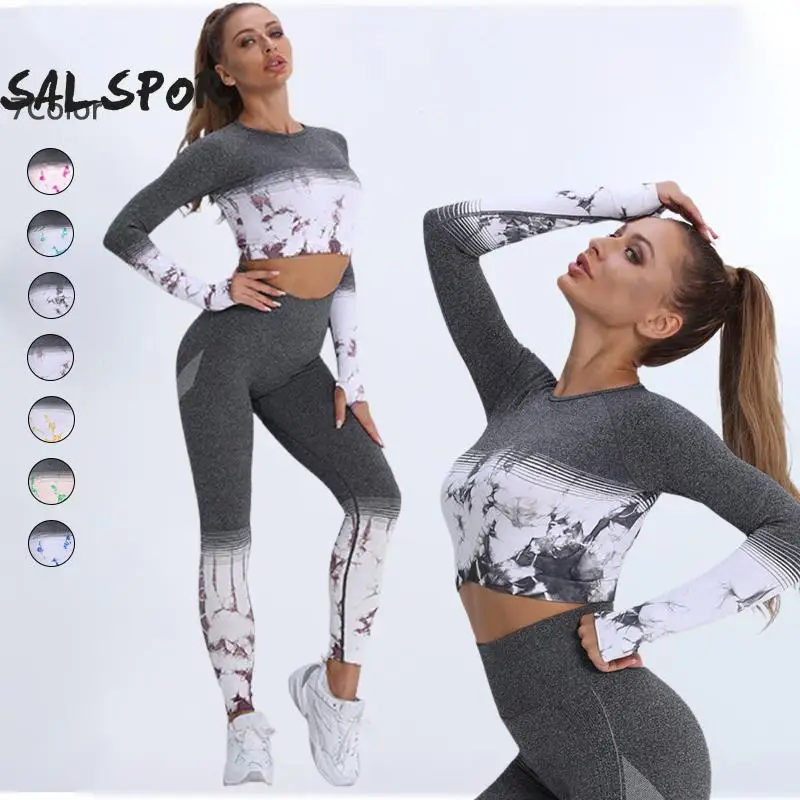 

SALSPOR окрашенные бесшовные спортивные комплекты, Женский костюм для фитнеса с принтом, топ для йоги, леггинсы с высокой талией, спортивные ко...