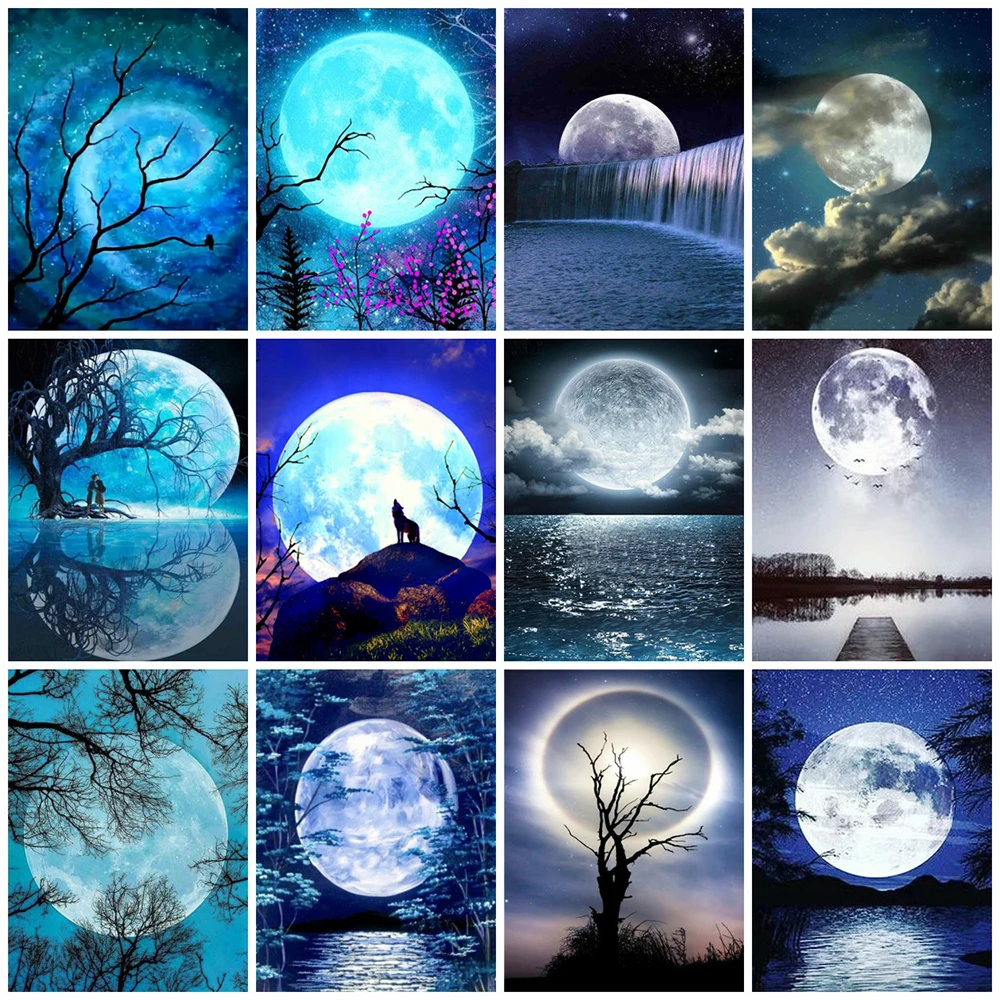 

MomoArt 5D DIY Diamond Embroidery Night Full Square Drill Diamond Painting Moon Rhinestone Mosaic Landscape Picture Wall Art