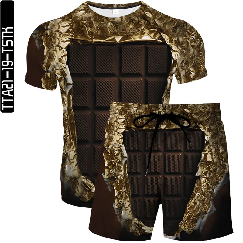 

Snacks 3D printing men's T-shirt + beach pants 2-piece set summer 2021 new O-neck casual short-sleeved suit streetwear S-6XL