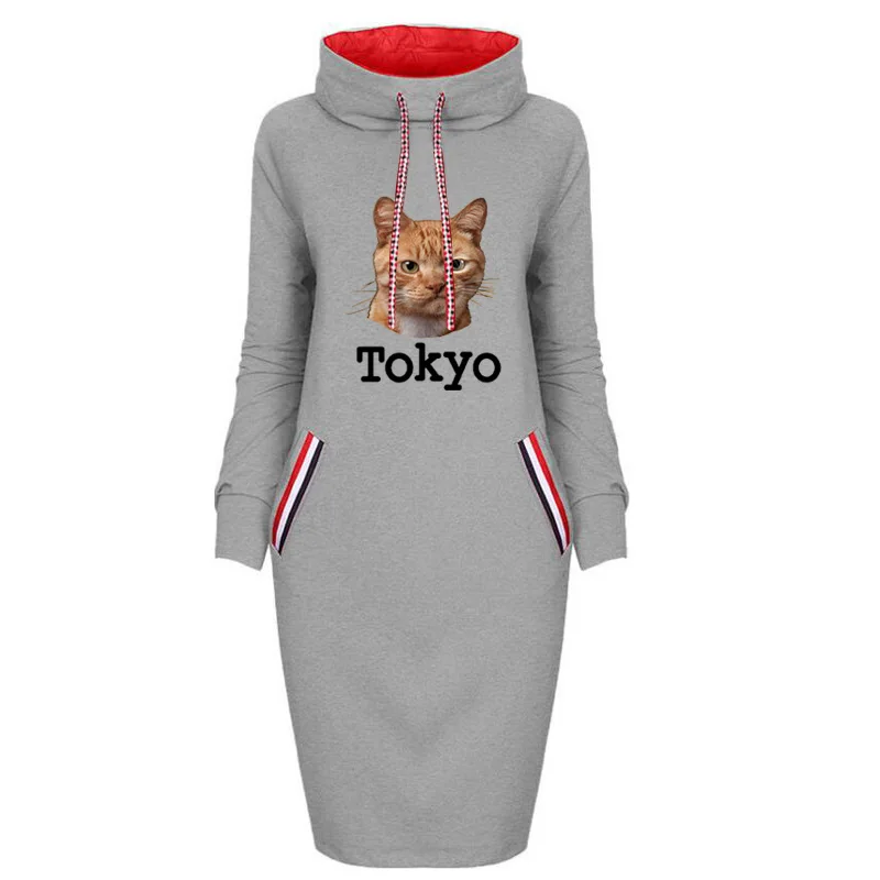 

Plus Size Women Bodycon Dress Fall Cat Print Fashion Casual Kawaii Dresses Long Sleeve Party Club Vintage Short Dress Robe Femme