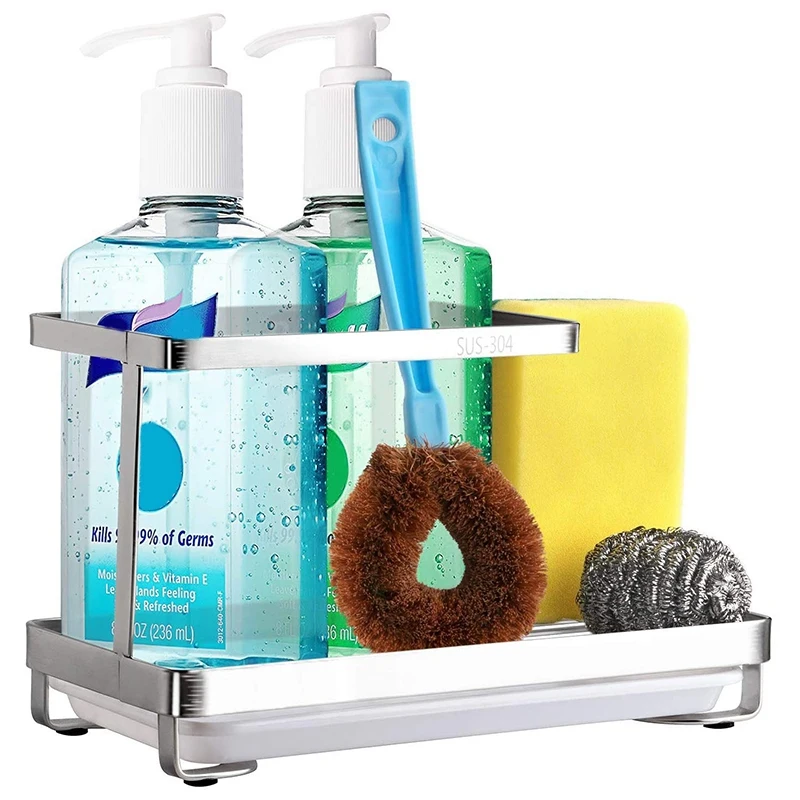 

Sink Caddy Organizer, Sponge Brush Soap Holder with Drain Pan Tray for Kitchen Countertop