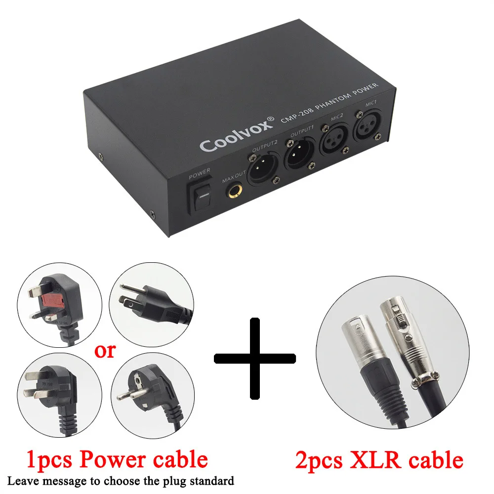 add 2XLR CABLE Coolvox профессиональный DC 48v двойной смешанный внешний фантомный источник питания для конденсаторных микрофонов оборудование для записи музыки 100 V-250 V - Цвет: add 2XLR CABLE