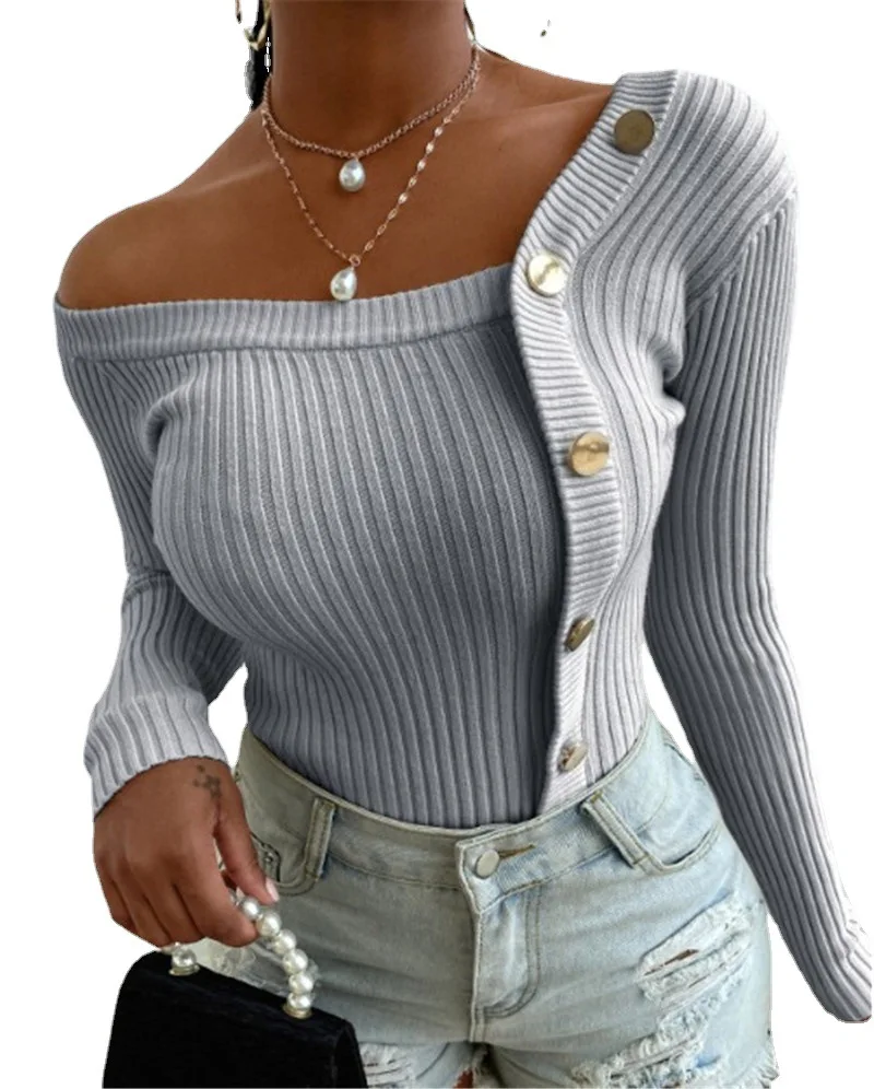 

Women Tops Blouses 2021 Autumn Fashion Long Sleeve Skew Collar Blouse Casual Elegent Women's Stitching Button Threaded Blouse