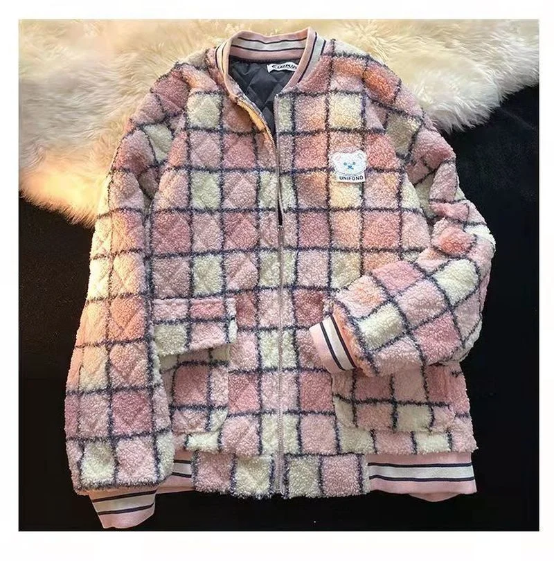 

Plaid Pink Sweet Girls Oversized Cardigan Jacket Women Long Sleeve Casual Streetwear Woman Jackets Warm Winter Coat Women Tops