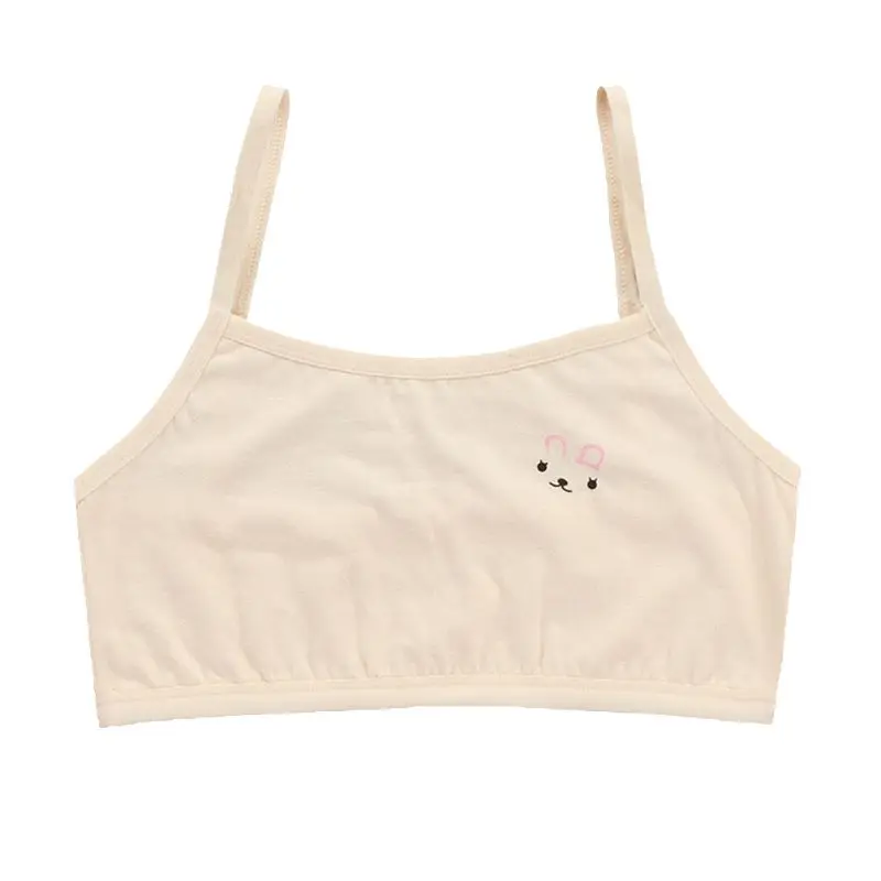 

Teenage Puberty Girls Solid Color Double Layer Underwear Bra Spaghetti Strap Cute Cartoon Rabbit Bralette Summer Basic Crop Top