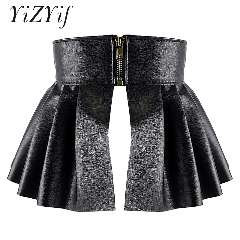 Pleated Skirts Wide Belts Women PU Leather Elastic Wide Waistband Classic Stretch Pleated Skirt Garters Peplum Cinch Belt Skirt