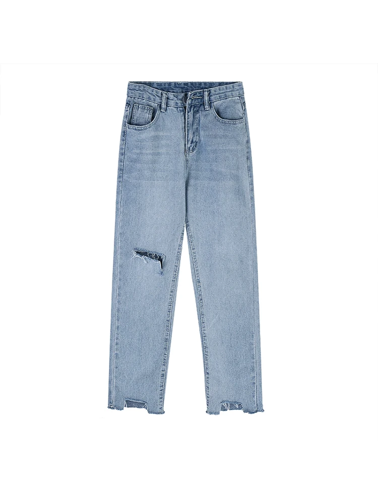 

High-waisted jeans mom jeans light-colored ripped jeans street style traf female spring and autumn y2k new loose straight highin