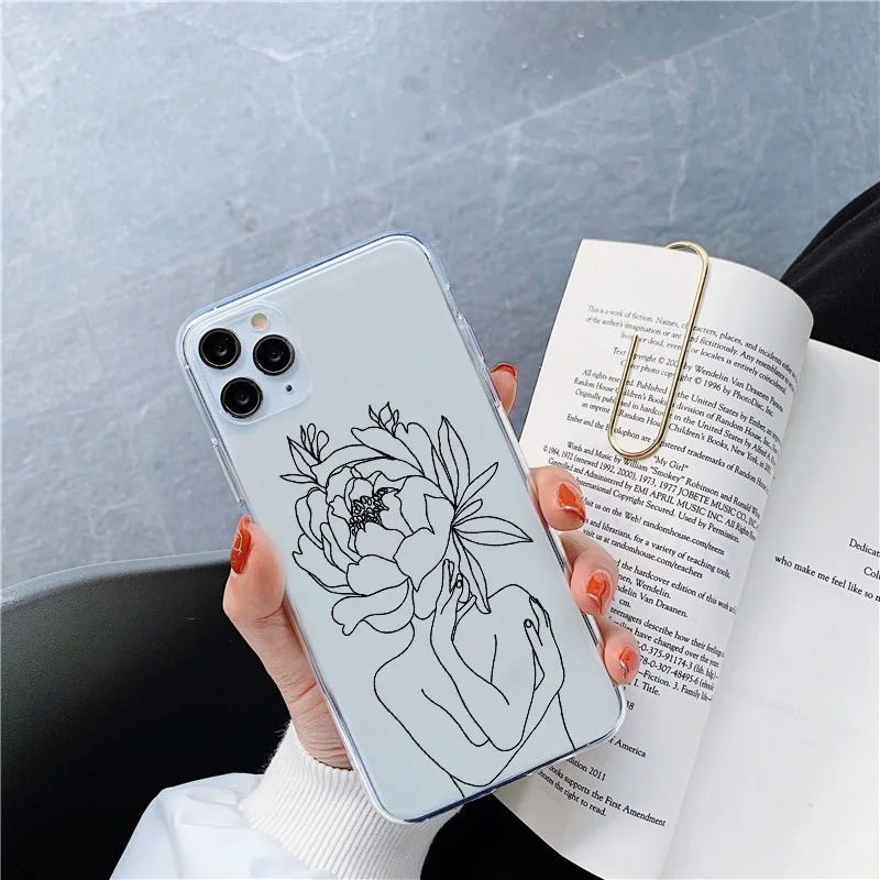 Abstract Line Human Face Flower Silicone Phone Case For iphone 12 Mini 13 14 11 12 ProMax XR 8 7 6 Plus X XSMAX Clear Soft Cover
