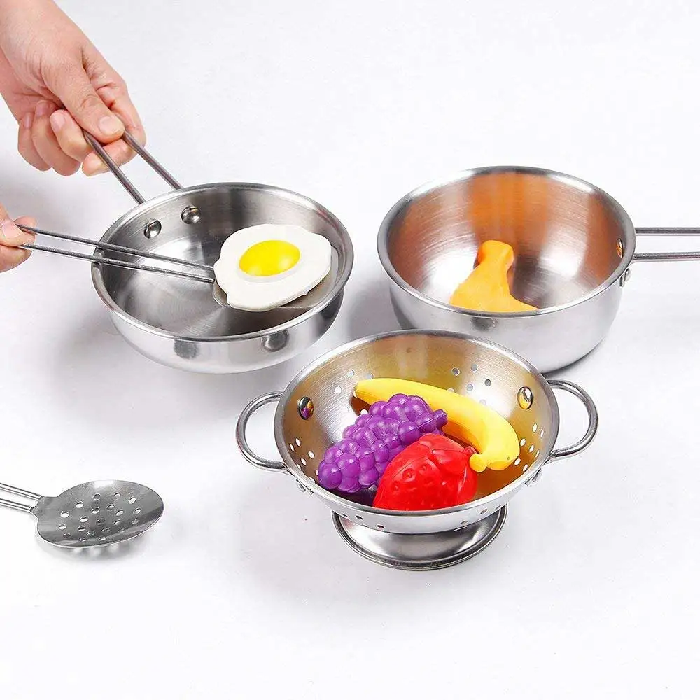 

12pcs/set Play Kitchen Accessories Girls Kids Mini Pretend Play Tools Stainless Steel Kitchen Cookware Pots Pans Food Toys Set