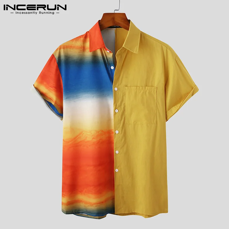 

INCERUN Patchwork Men Hawaiian Shirt Streetwear Lapel Short Sleeve Vacation Fashion Casual Shirts Summer Button 2021 Camisas 3XL