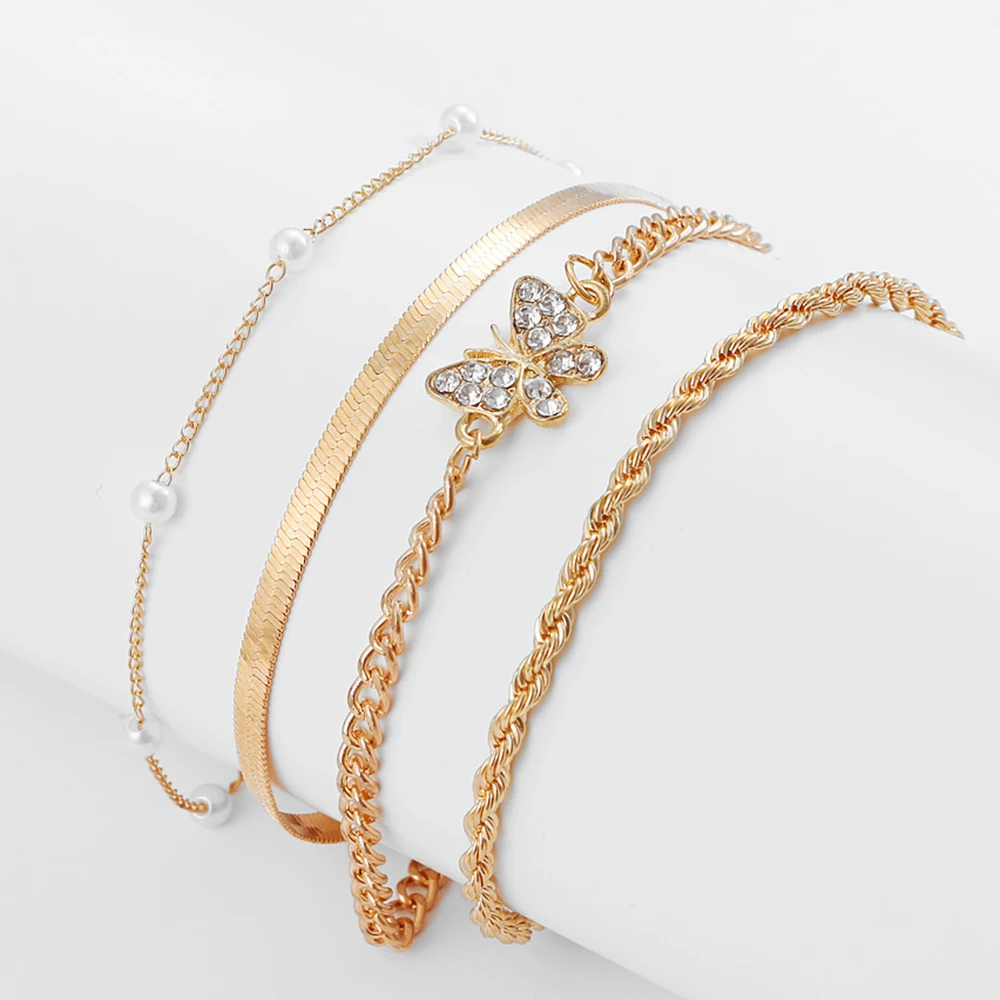 

2021 Vintage Crystal Butterfly Pearl Multilayer Beach Anklet for Women Summer Metal Crystal Butterfly Anklet Leg Jewelry Gift