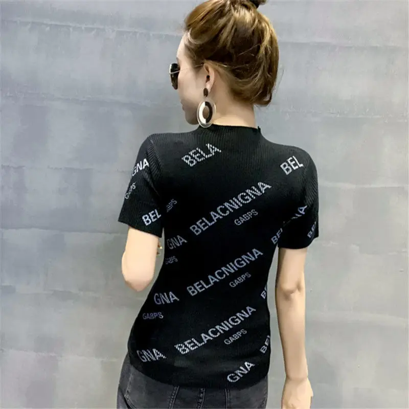 

Half-high-collared sweater woman short-sleeved autumn winter new tight stretch sweater sweater sweater pullover matching half-sl