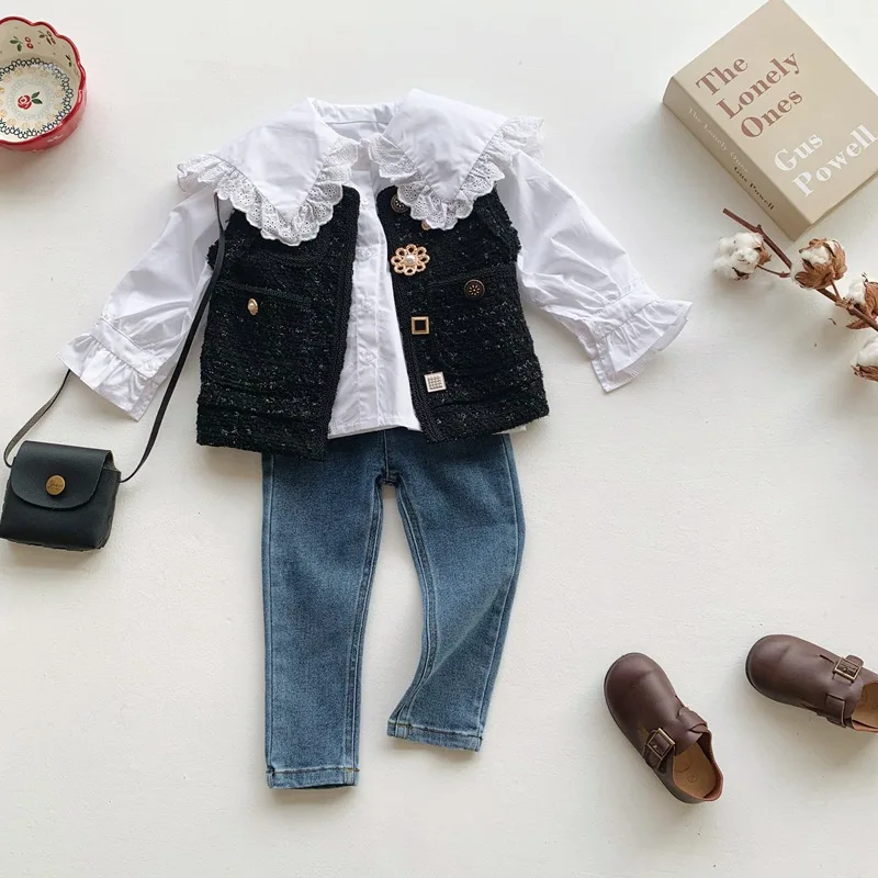 WLG/модный жилет для девочек детский осенний Черный Алмазный с цветочным рисунком