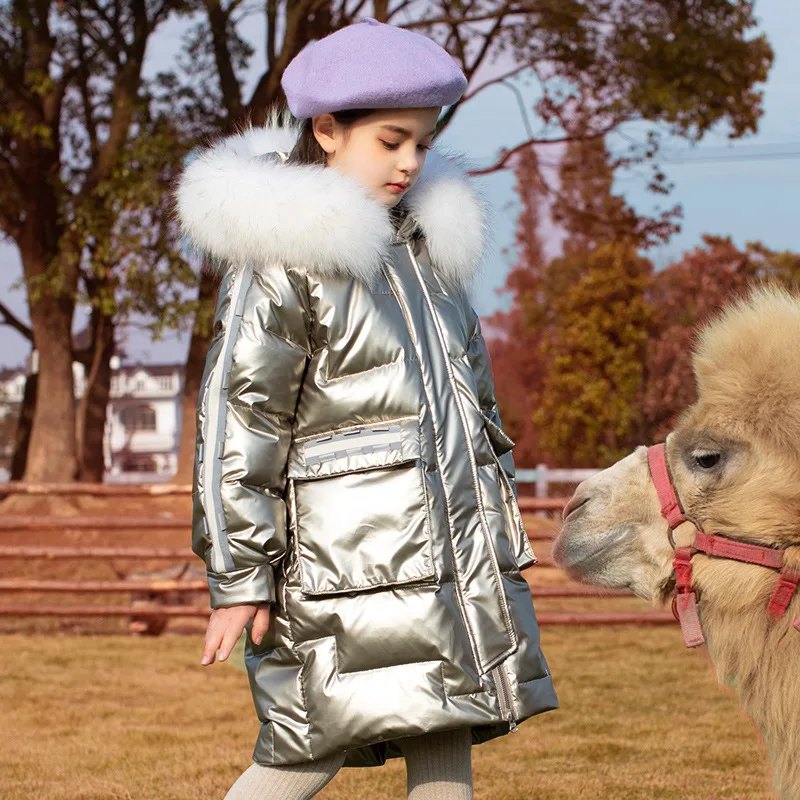 

2021 Fashion Girls Winter Coat Fur Hooded Down Jackets For Girls Parkas Children Thickening Warm Bright Snowsuit Teen Outerwear