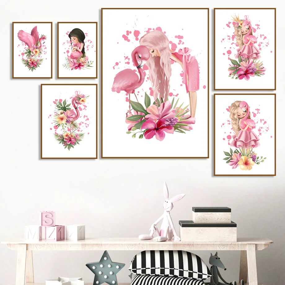 Розовый цветок Фламинго девочка детская настенная живопись холст скандинавские