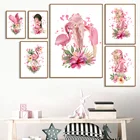 Розовый цветок Фламинго девочка детская настенная живопись холст скандинавские постеры и принты настенные картины для детской комнаты домашний декор