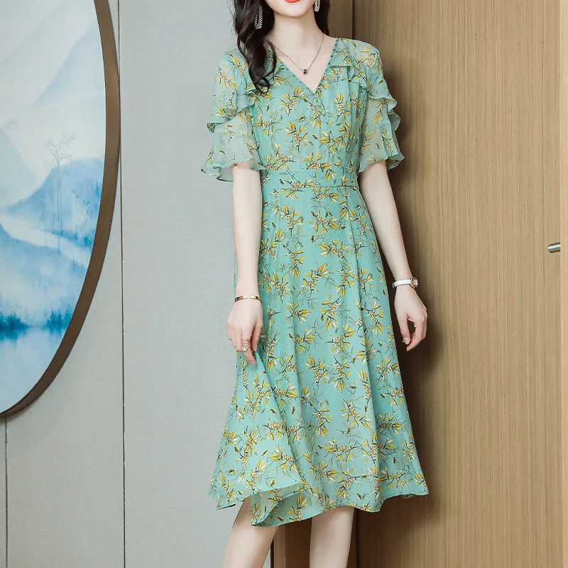

Floral Silk Dress 2021 Summer New French Slim Young Hangzhou 100% Mulberry Silk Crepe De Chine Dress
