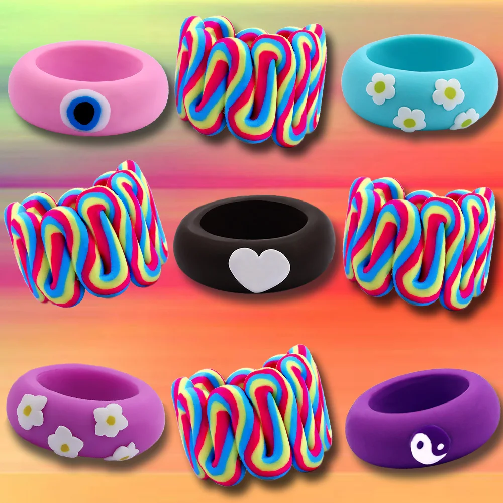 

2021 Ins New Handmade Ceramic Clay Rainbow Stripe Ring Cute Purple Flower Heart Rings Y2K Jewelry Party Gifts for Women Girls