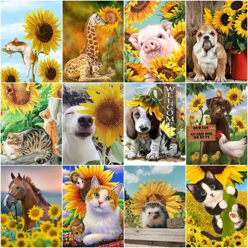 

GATYZTORY Painting By Numbers Sunflower Animals Drawing Canvas DIY Pictures By Numbers Kits Wall Art Hand Painted Gift Home Deco