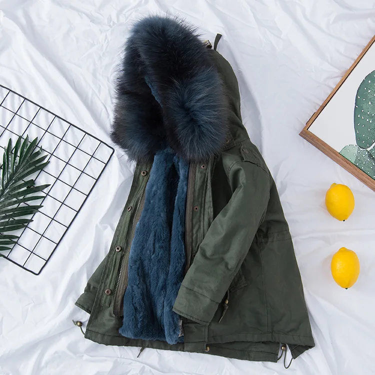 Olive top navy blue Г. Детские куртки из натурального кроличьего меха зимние пальто для девочек со съемной подкладкой из натурального меха, куртка для малышей меховой воротник енота - Цвет: Olive top navy blue