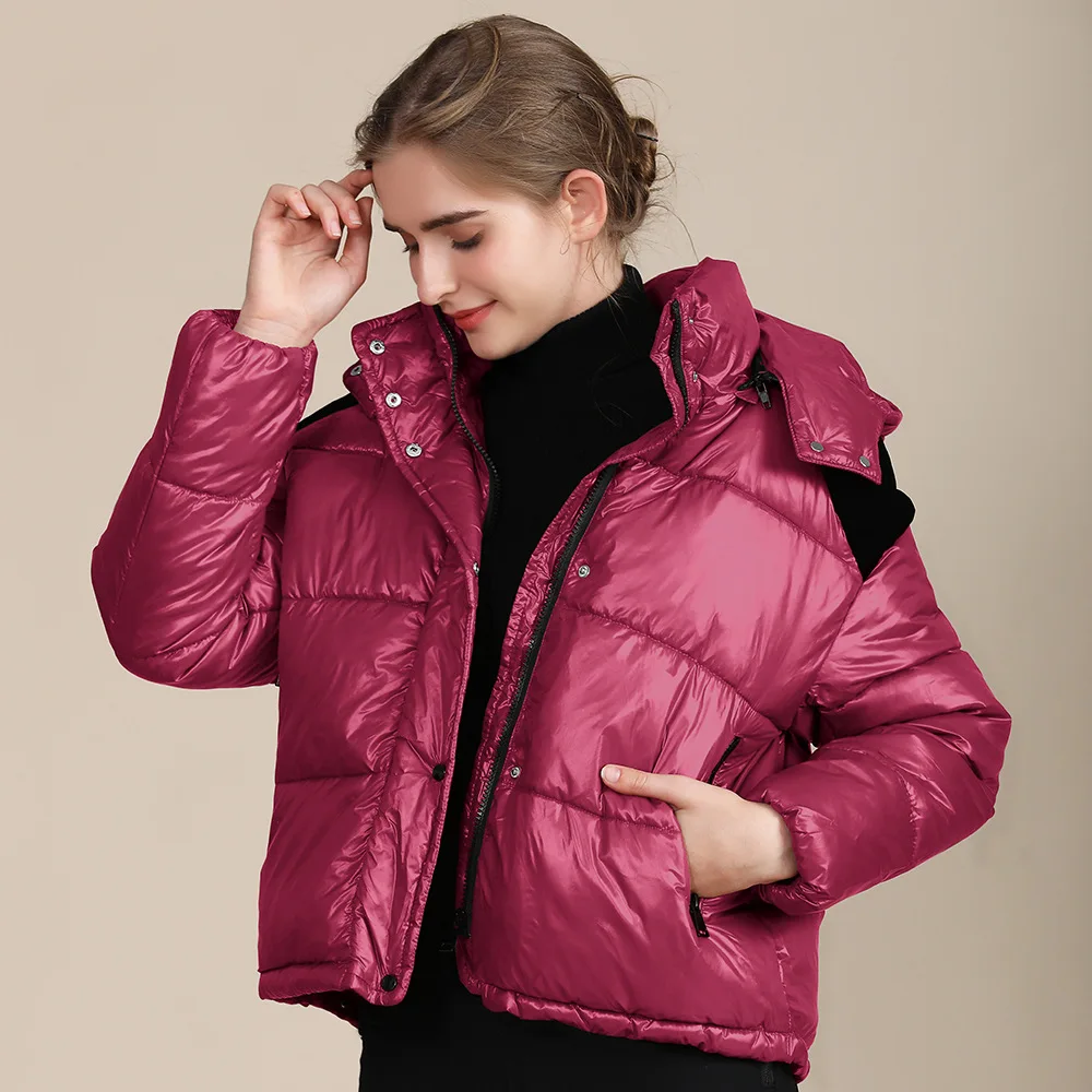 

Womens Streetwear Shiny Cropped Puffer Hooded Parka Jacket Women Fashion Warm Bubble Coat Woman Cotton-padded Outerwear Ladies
