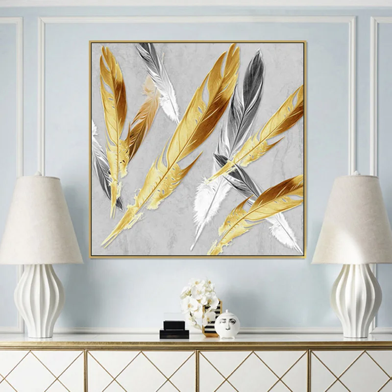 RELIABLI абстрактное искусство золотые серебряные перья Картина на холсте Настенная