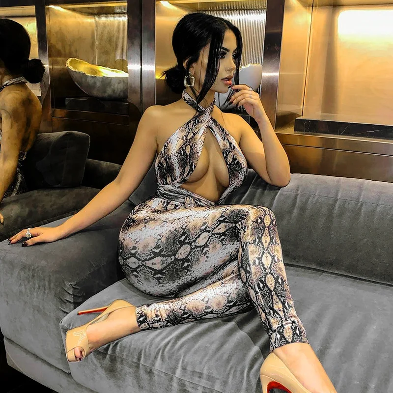 

2021 Sleeveless Halter Snake Print Hollow Out Bandage Backless Sexy Jumpsuit Summer Women Sexy Streetwear Night Club Romper