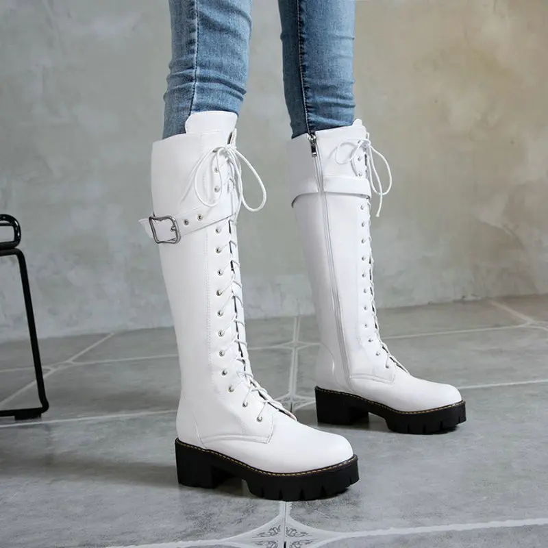 

Sianie Tianie White Brown Lace-up Cross-tied Chunky Heels Shoes Platform Boots Winter Riding Equestrian Womens Knee High Boots