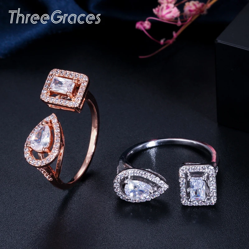 Женское регулируемое кольцо ThreeGraces розовое золото с квадратным кубическим