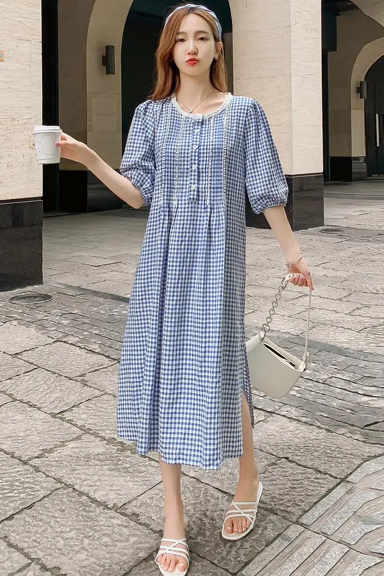 

8098# Summer Korean Fashion Plaid Maternity Long Dress Elegant A Line Slim Waist Loose Clothes for Pregnant Women Pregnancy