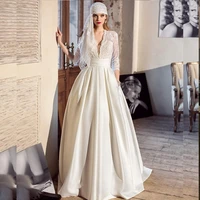 2021 wedding dress princess a line half sleeve lace appliques satin robe de mariee deep v neck elegant high quality bridal gown