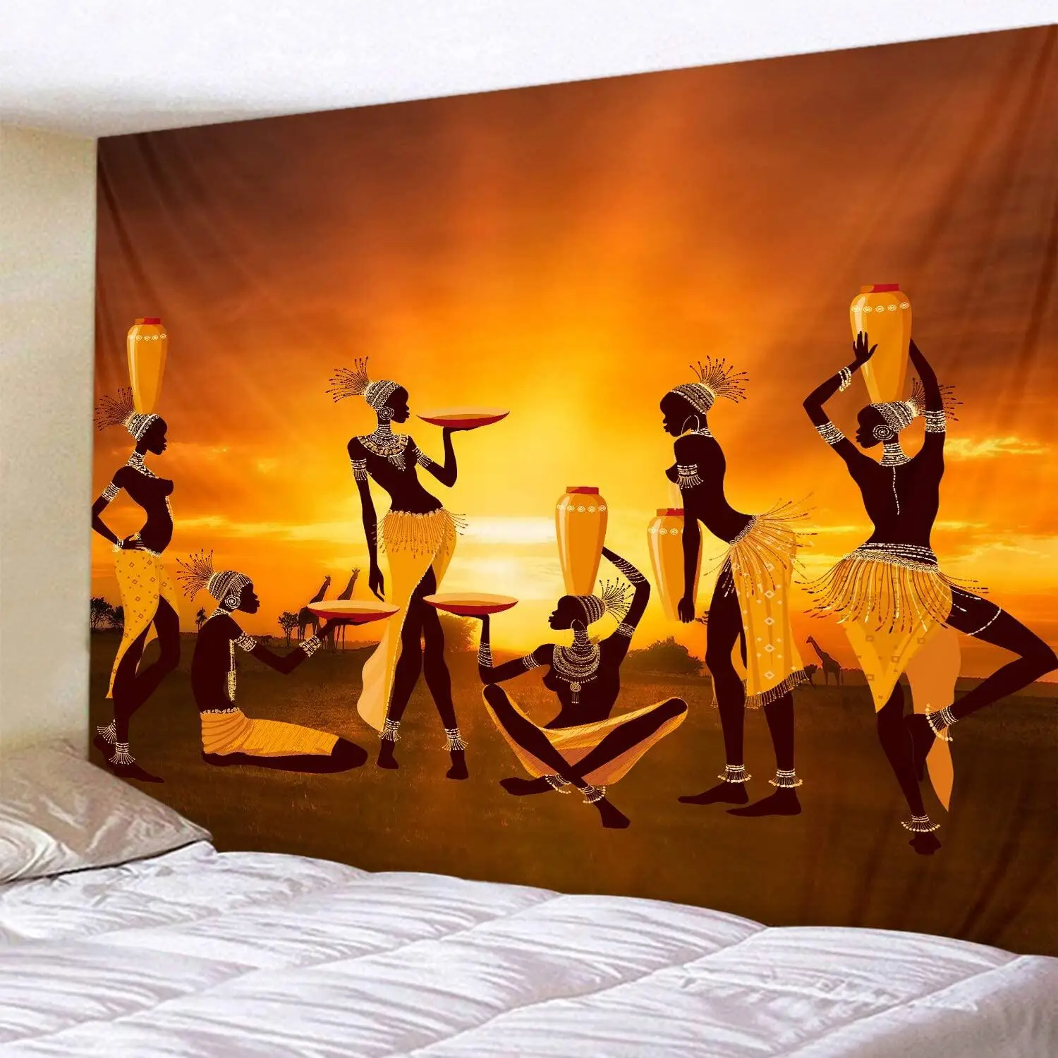 

African Tribal Woman Printed Tapestry Dusk Rural Giraffe Retro Ethnic Fashion Wall Hanging Home Dorm Room Mural Tapestries Decor