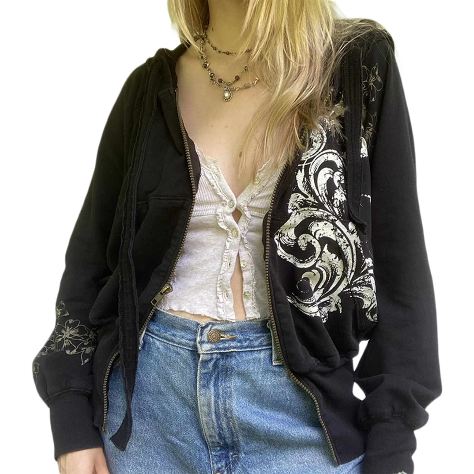 

Женские толстовки на молнии, винтажные Свободные толстовки с цветочным принтом и длинным рукавом, с кулиской