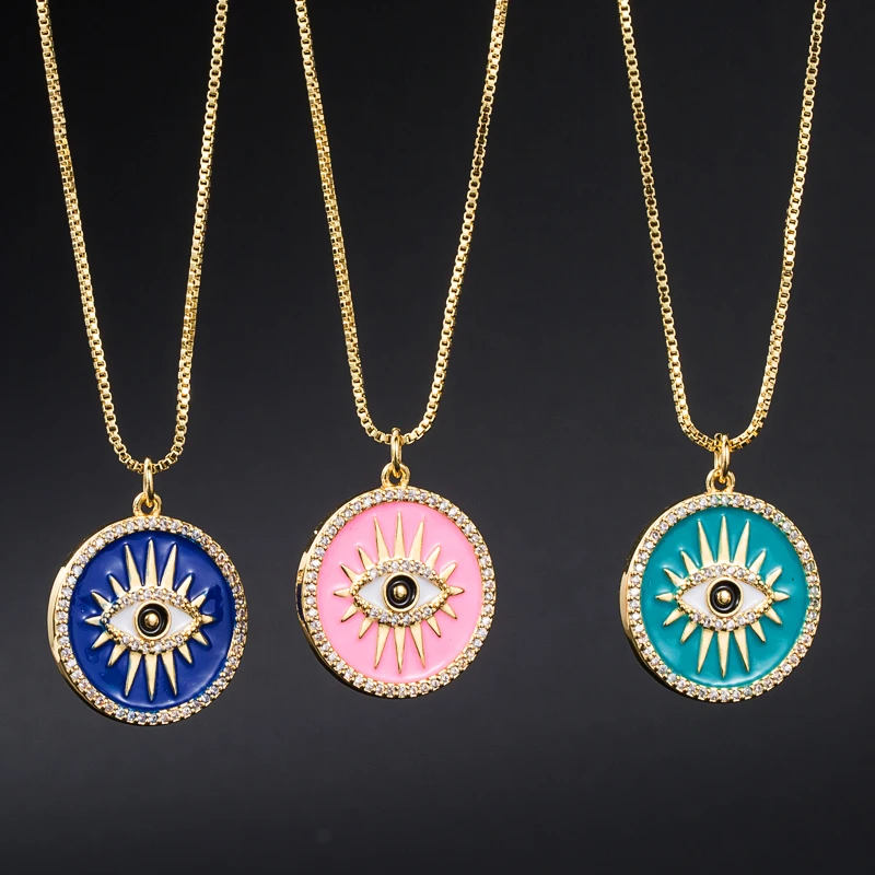 

Ins Vintage Enamel Turkish Evil Eye Pendant Necklace Ethnic Micro Cubic Zirconia Round Circle Copper Collar Necklace Girls Gifts