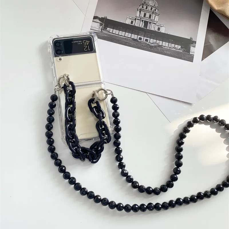 Luxury Cute Black Chunky Chain Bracelet Case for Samsung Galaxy Z Flip 3 ZFlip 5G ZFlip4 Long Beads Strap Clear Protective Cover