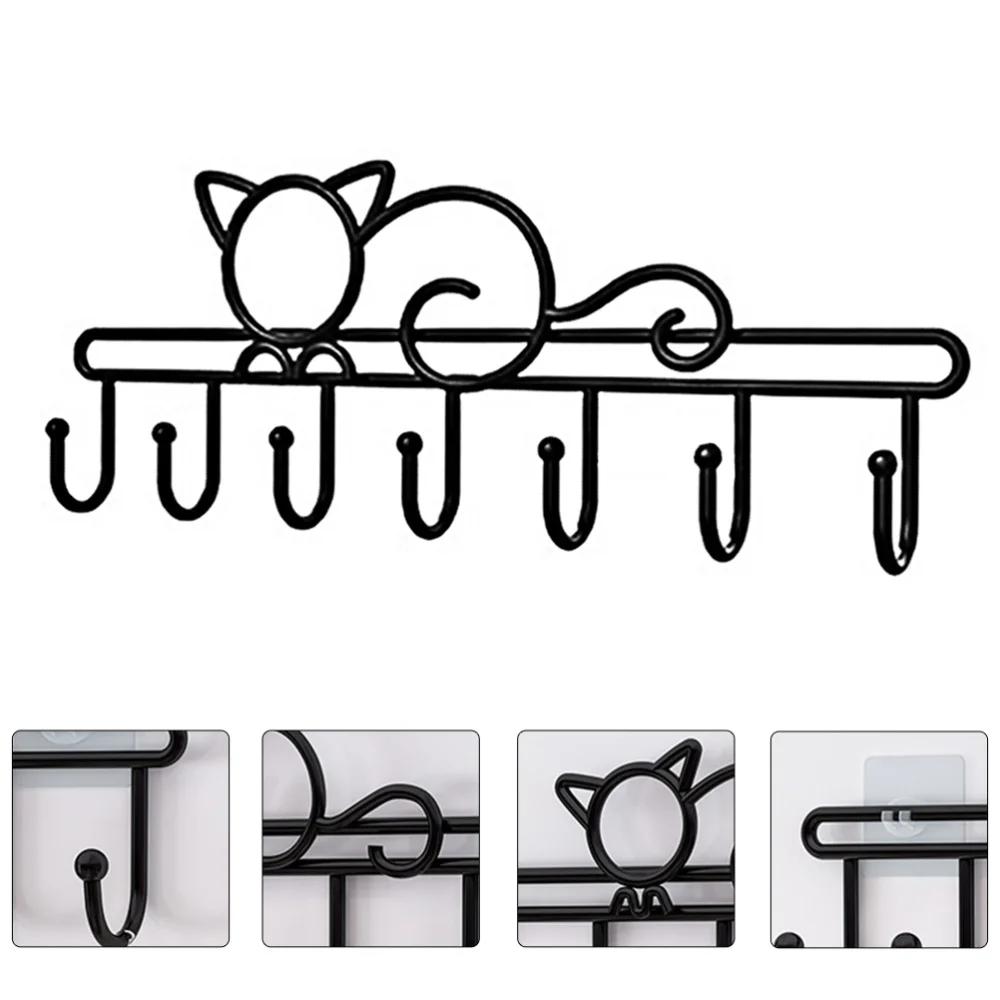 

7 Hooks Towel Hanger Organizer Black Coat Hooks Cat Design Door Storage Rack