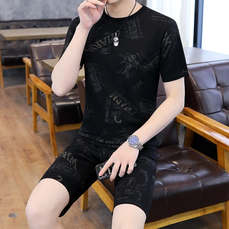 

2021 summer new Korean leisure suit short sleeve t-shirt men's fashion brand burnt flower two piece shorts