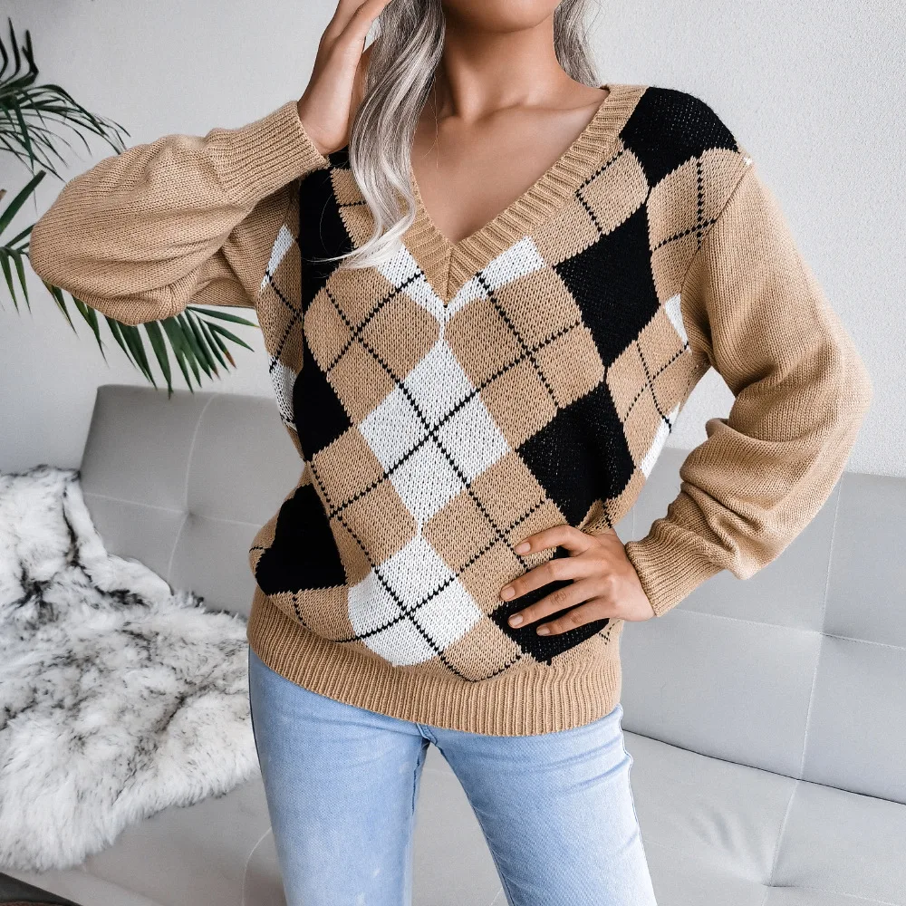 

Autumn Winter Women's Sweater Geometric Argyle V-neck Pullovers Y2K Tops Fashion Office Lady Warm Knitted Sweaters Jerseys 2022