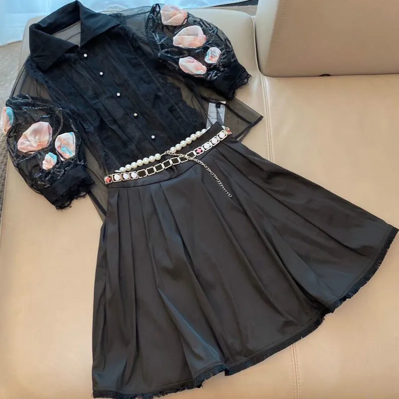 

Luxury Pearl Chain Belt Decoration Black Ball Gown Skirts Womens 2020 Summer Runway Design Tassel Bottom Elegant Lady Midi Skirt