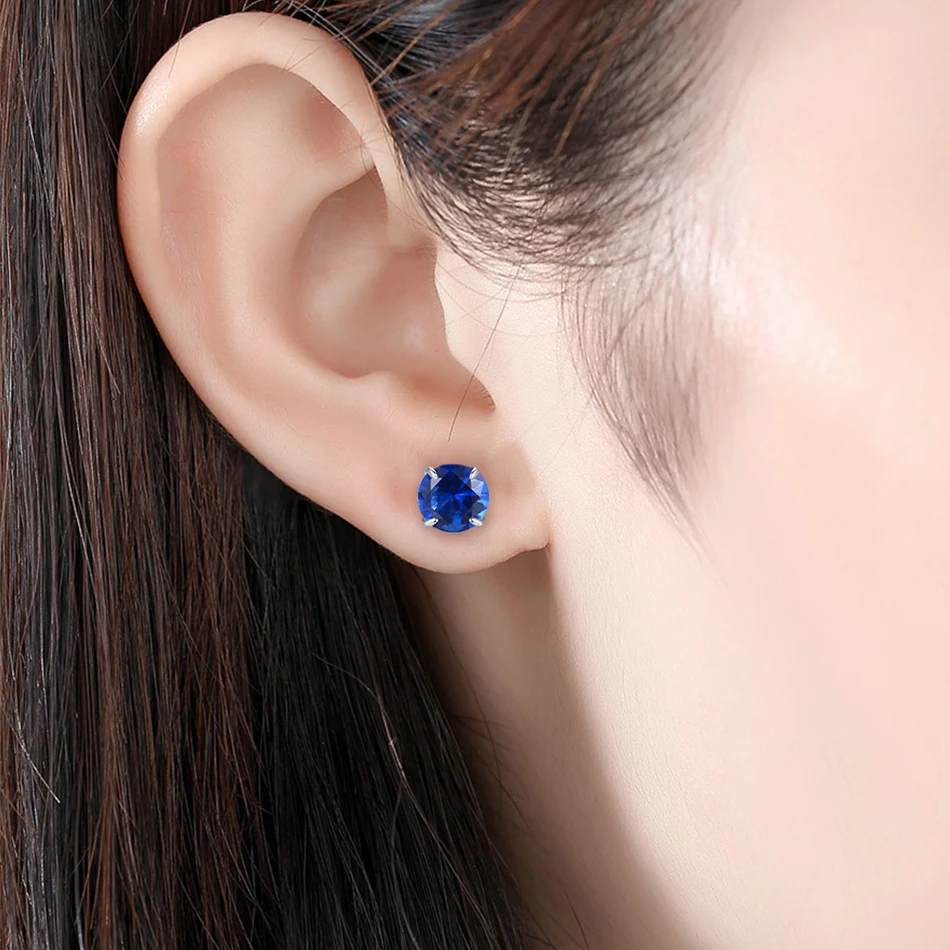 Женские серьги гвоздики из серебра 925 пробы с круглым синим