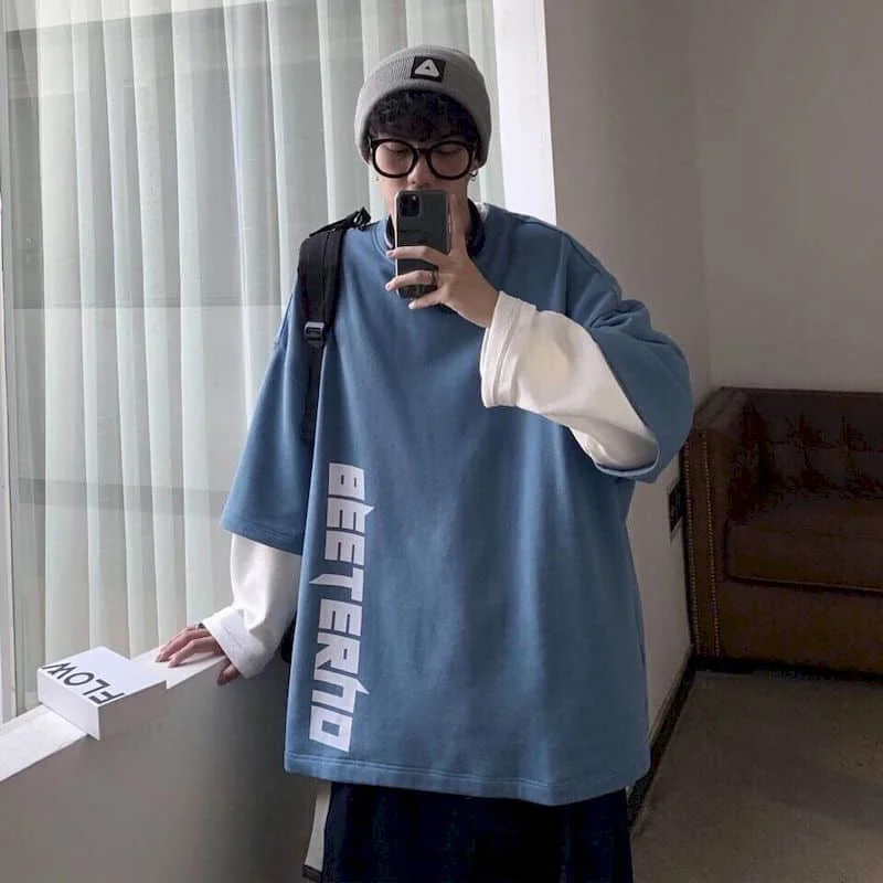 

Autumn New Ins Fake Two Pieces Tshirt Men T Shirt Loose Long-sleeved T-shirt Couple Loose Hong Kong Style Trendy Compassionate