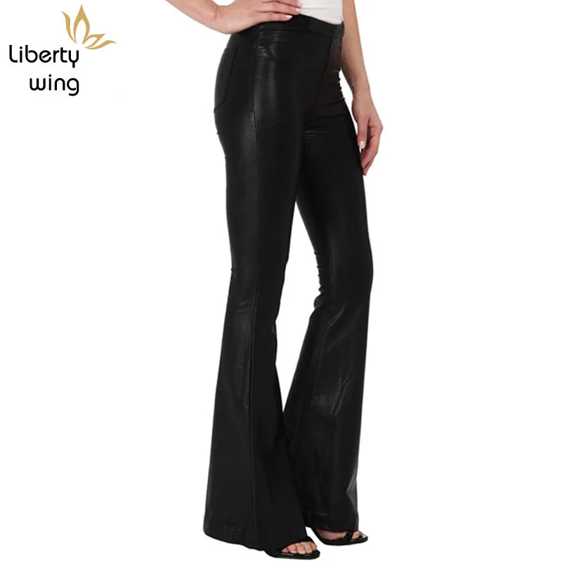 Womens Wrap PU Bell-bottoms Pants Fashion Elastic Waist Flare Pantalon Femme Autumn Faux Leather Wide Leg Trousers